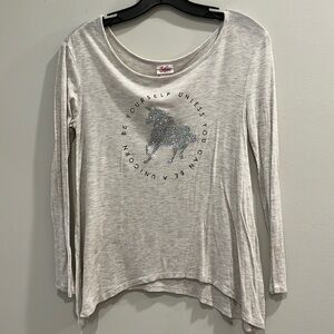 Justice - girls long sleeve t-shirt. Unicorn sequin design. Size 12. Light gray